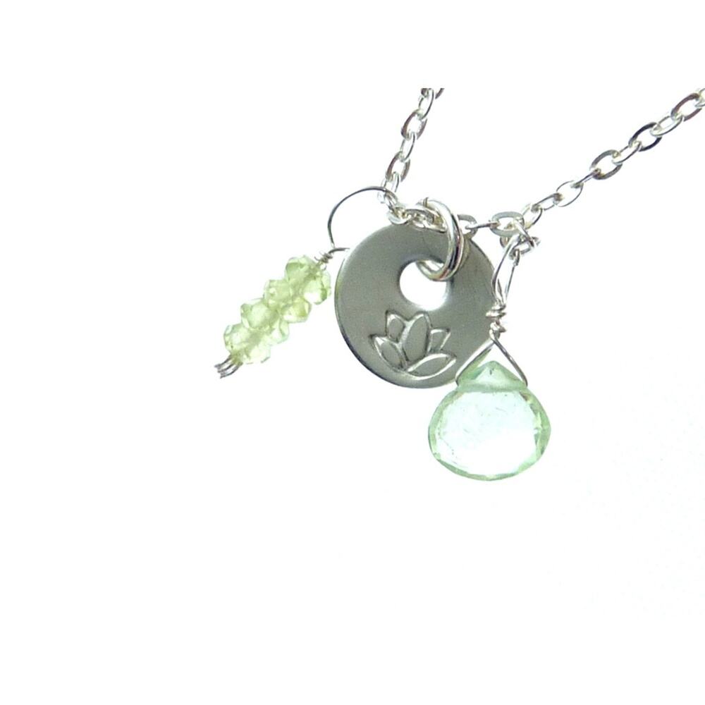 Dainty Sterling Silver Lotus Flower Peridot Aquamarine Charm Necklace 15"